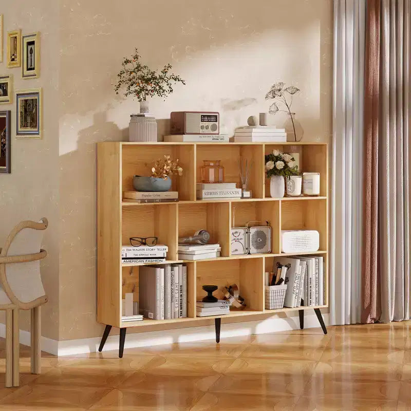 Wooden 10 Cube Bookshelf, 3 Tier Floor Standing Display Cabinet with 5 Iron Legs & Anti-Tip System, Open Display Shelf for Home Office