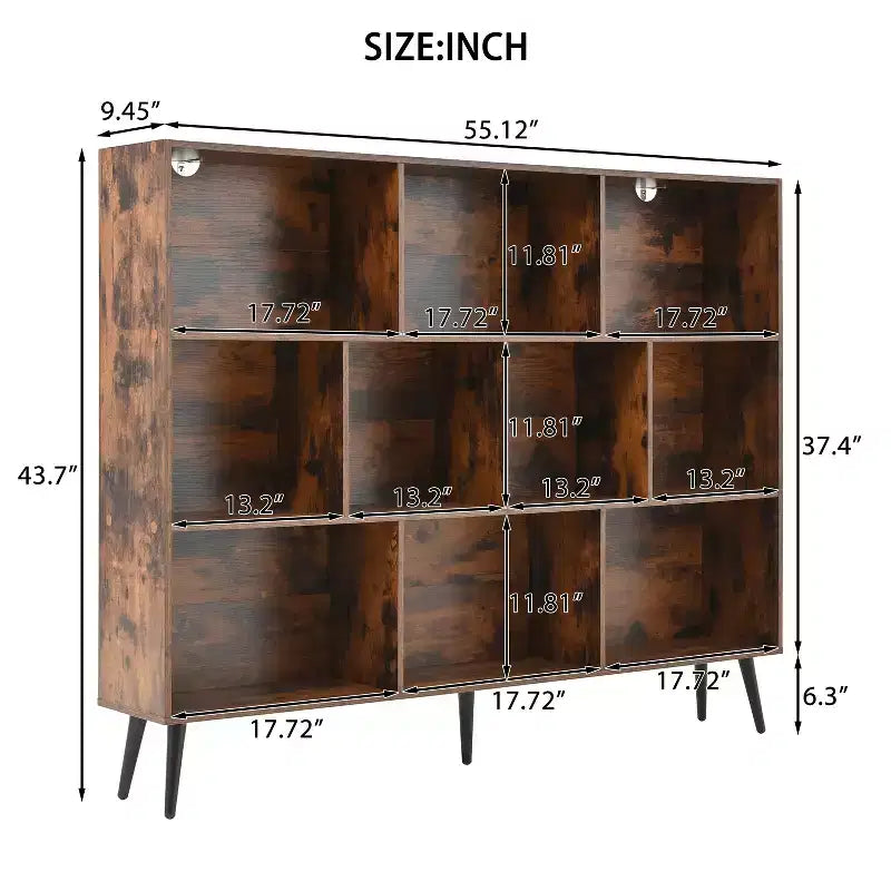 Wooden 10 Cube Bookshelf, 3 Tier Floor Standing Display Cabinet with 5 Iron Legs & Anti-Tip System, Open Display Shelf for Home Office
