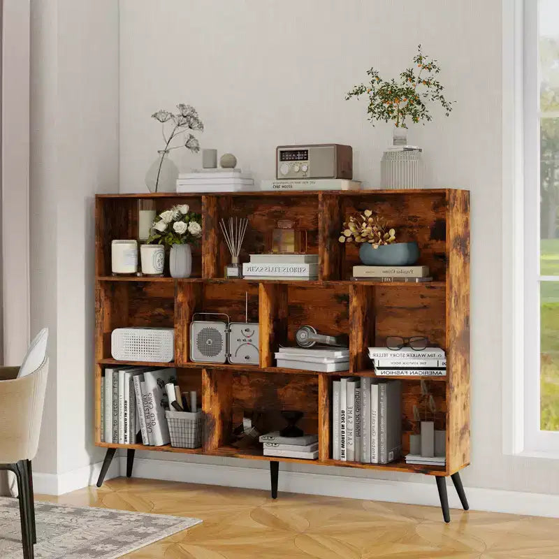 Wooden 10 Cube Bookshelf, 3 Tier Floor Standing Display Cabinet with 5 Iron Legs & Anti-Tip System, Open Display Shelf for Home Office