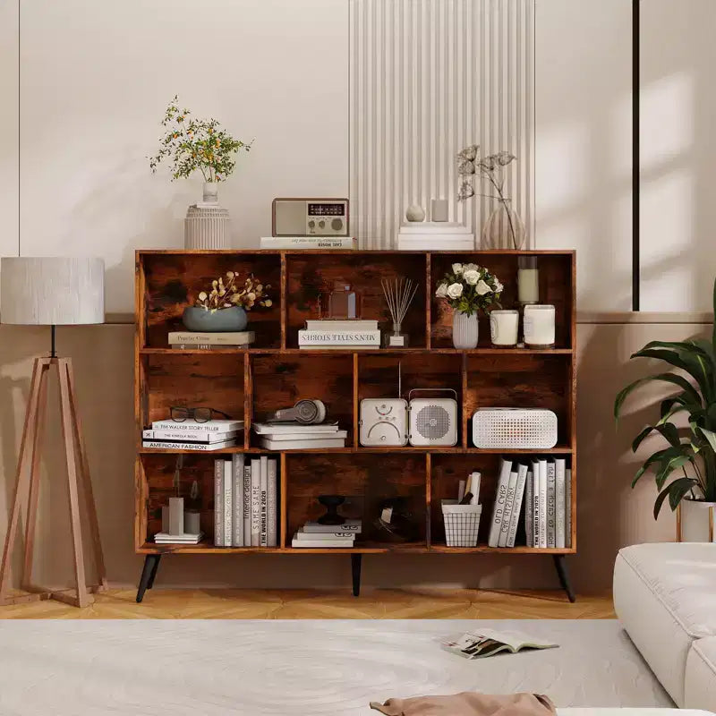 Wooden 10 Cube Bookshelf, 3 Tier Floor Standing Display Cabinet with 5 Iron Legs & Anti-Tip System, Open Display Shelf for Home Office