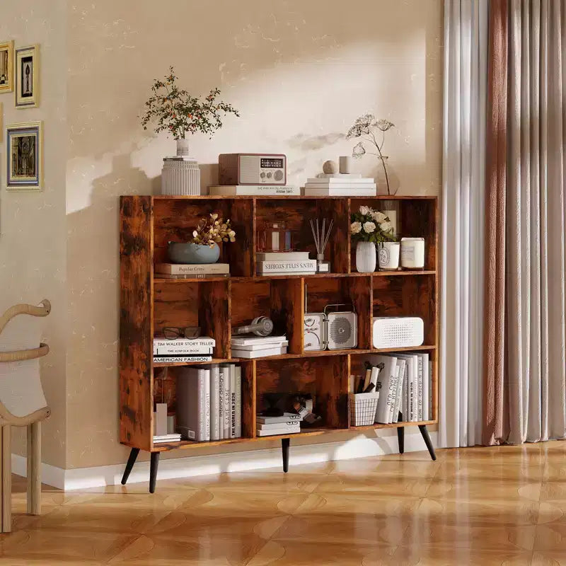 Wooden 10 Cube Bookshelf, 3 Tier Floor Standing Display Cabinet with 5 Iron Legs & Anti-Tip System, Open Display Shelf for Home Office