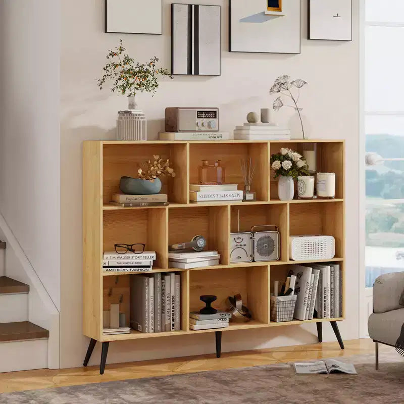 Libreria in Legno a 10 Cubi, Mobile Espositore a 3 Livelli da Terra con 5 Gambe in Ferro e Sistema Antiribaltamento, Scaffale Aperto per Casa Ufficio