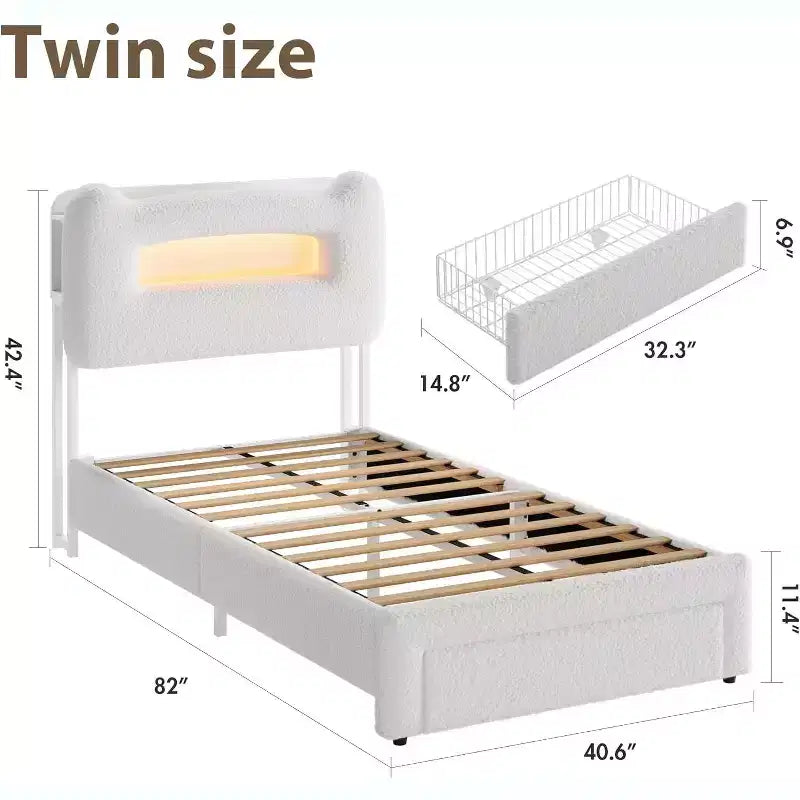 Twin Size Bed Frame - 2-Tier Storage Headboard, Upholstered Platform Bed with Charging Station & Drawer, Beige (For Kids/Boys/Girls)