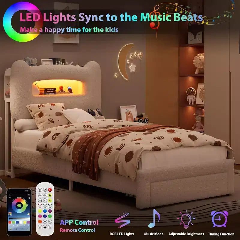 Twin Size Bed Frame - 2-Tier Storage Headboard, Upholstered Platform Bed with Charging Station & Drawer, Beige (For Kids/Boys/Girls)