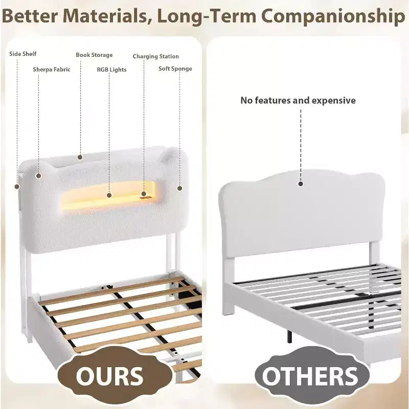 Twin Size Bed Frame - 2-Tier Storage Headboard, Upholstered Platform Bed with Charging Station & Drawer, Beige (For Kids/Boys/Girls)