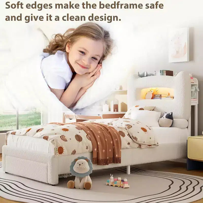 Twin Size Bed Frame - 2-Tier Storage Headboard, Upholstered Platform Bed with Charging Station & Drawer, Beige (For Kids/Boys/Girls)