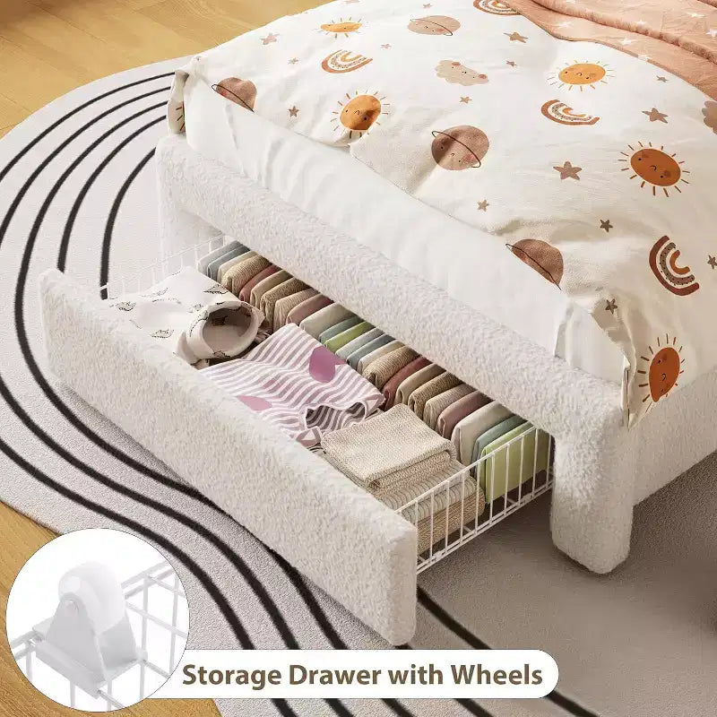 Twin Size Bed Frame - 2-Tier Storage Headboard, Upholstered Platform Bed with Charging Station & Drawer, Beige (For Kids/Boys/Girls)