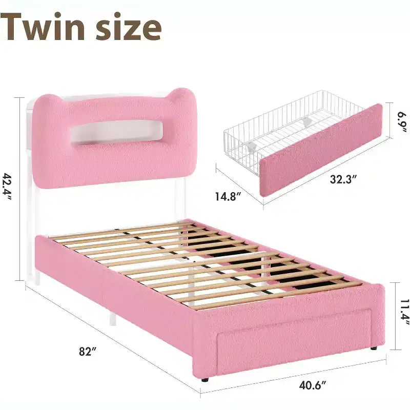 Twin Size Bed Frame - 2-Tier Storage Headboard, Upholstered Platform Bed with Charging Station & Drawer, Beige (For Kids/Boys/Girls)