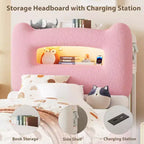 Twin Size Bed Frame - 2-Tier Storage Headboard, Upholstered Platform Bed with Charging Station & Drawer, Beige (For Kids/Boys/Girls)