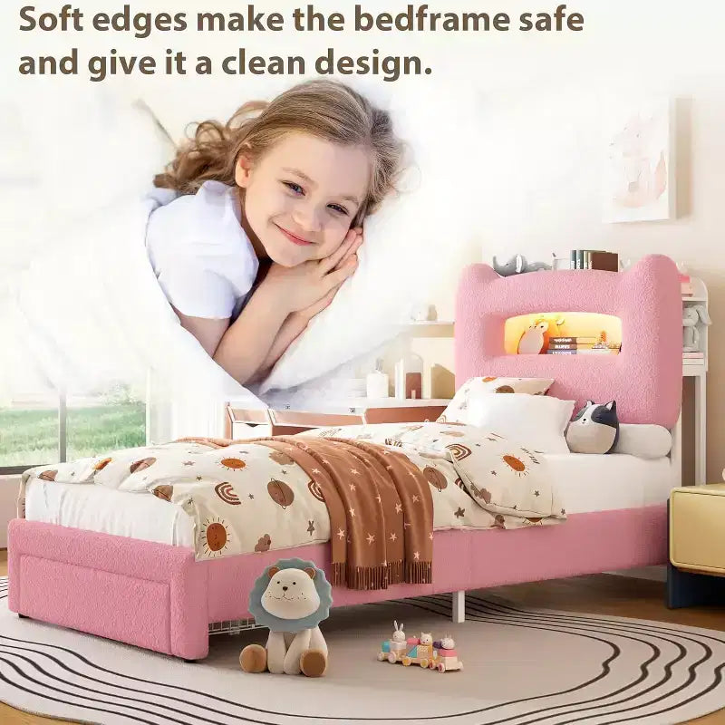 Twin Size Bed Frame - 2-Tier Storage Headboard, Upholstered Platform Bed with Charging Station & Drawer, Beige (For Kids/Boys/Girls)