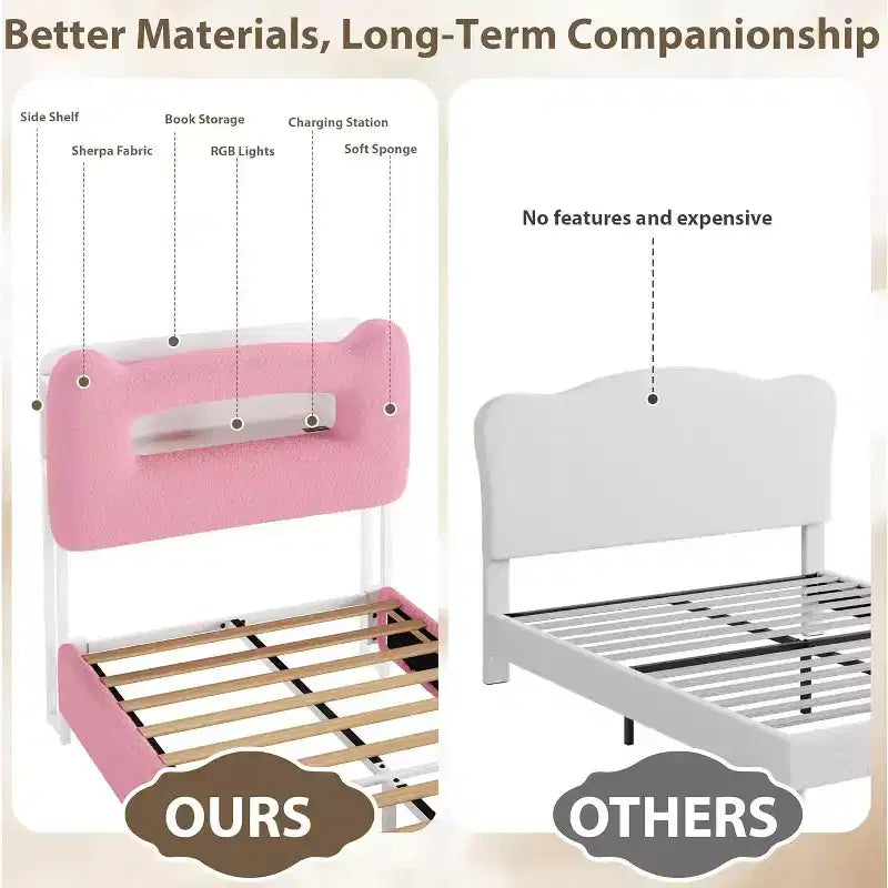 Twin Size Bed Frame - 2-Tier Storage Headboard, Upholstered Platform Bed with Charging Station & Drawer, Beige (For Kids/Boys/Girls)