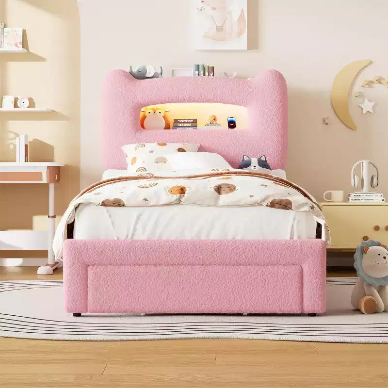 Twin Size Bed Frame - 2-Tier Storage Headboard, Upholstered Platform Bed with Charging Station & Drawer, Beige (For Kids/Boys/Girls)