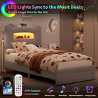 Twin Size Bed Frame - 2-Tier Storage Headboard, Upholstered Platform Bed with Charging Station & Drawer, Beige (For Kids/Boys/Girls)