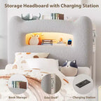 Twin Size Bed Frame - 2-Tier Storage Headboard, Upholstered Platform Bed with Charging Station & Drawer, Beige (For Kids/Boys/Girls)