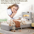 Twin Size Bed Frame - 2-Tier Storage Headboard, Upholstered Platform Bed with Charging Station & Drawer, Beige (For Kids/Boys/Girls)
