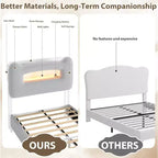 Twin Size Bed Frame - 2-Tier Storage Headboard, Upholstered Platform Bed with Charging Station & Drawer, Beige (For Kids/Boys/Girls)