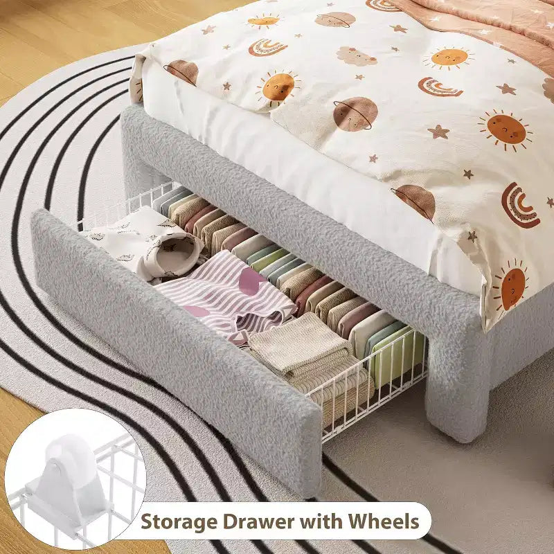 Twin Size Bed Frame - 2-Tier Storage Headboard, Upholstered Platform Bed with Charging Station & Drawer, Beige (For Kids/Boys/Girls)