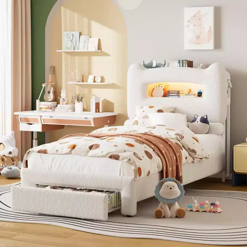 Twin Size Bed Frame - 2-Tier Storage Headboard, Upholstered Platform Bed with Charging Station & Drawer, Beige (For Kids/Boys/Girls)
