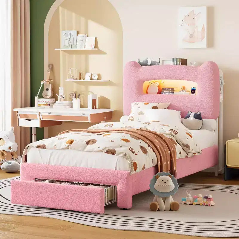 Twin Size Bed Frame - 2-Tier Storage Headboard, Upholstered Platform Bed with Charging Station & Drawer, Beige (For Kids/Boys/Girls)
