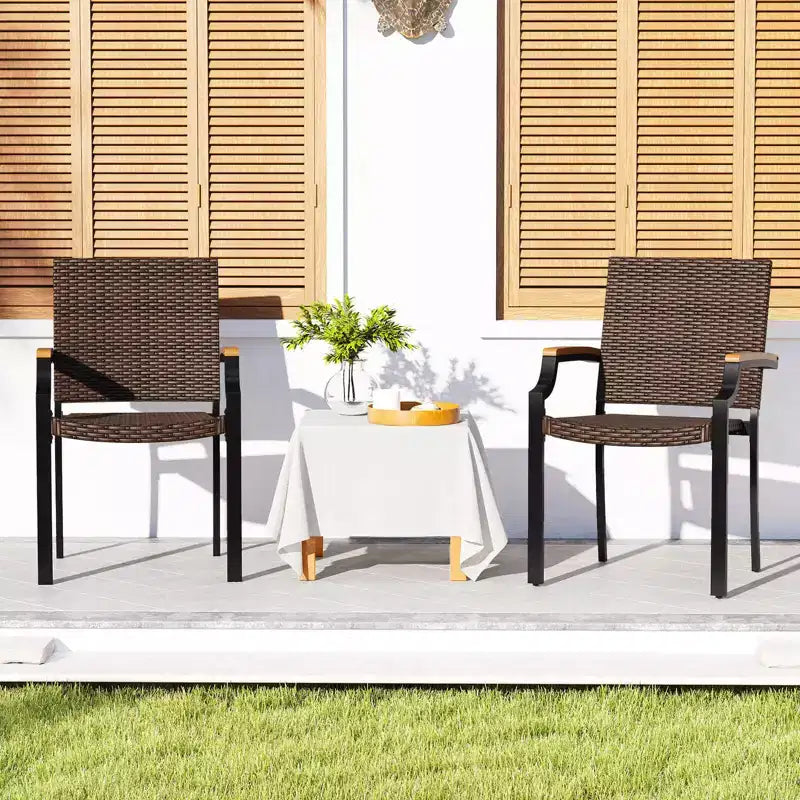 Costway Stacking Wicker Chairs Set of 2 with Acacia Wood Armrests & Metal Frame, Outdoor