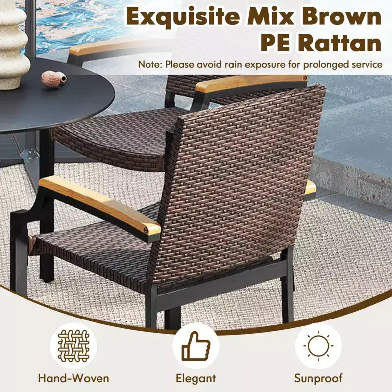 Costway Stacking Wicker Chairs Set of 2 with Acacia Wood Armrests & Metal Frame, Outdoor