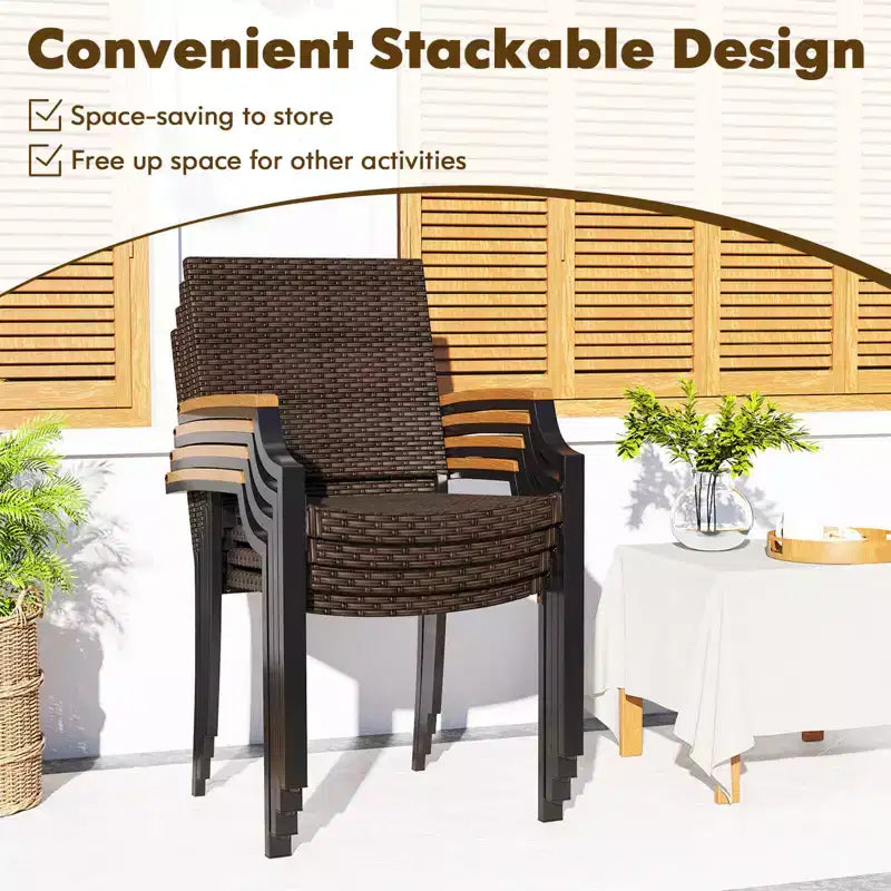 Costway Stacking Wicker Chairs Set of 2 with Acacia Wood Armrests & Metal Frame, Outdoor