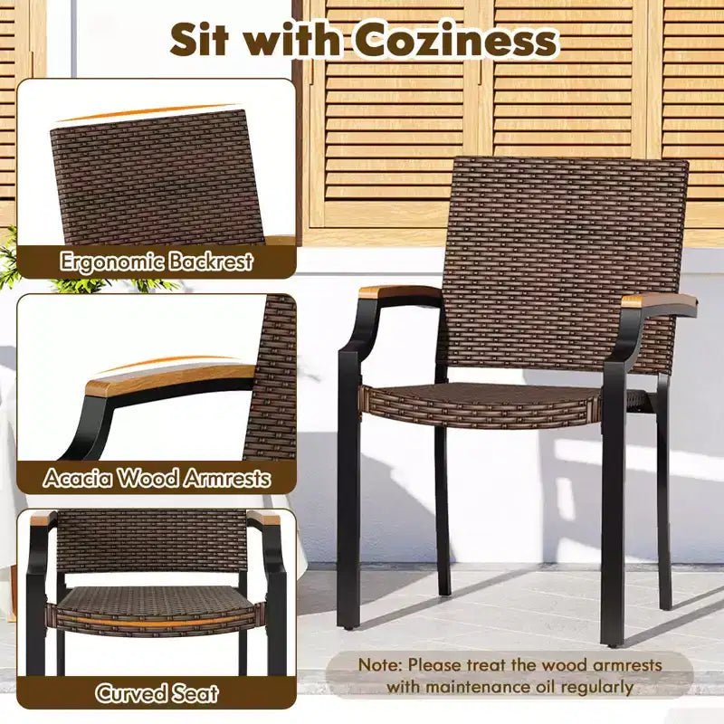 Costway Stacking Wicker Chairs Set of 2 with Acacia Wood Armrests & Metal Frame, Outdoor