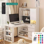 Okak 46IN Space-Saving L Shaped Desk with Bookshelf, Computer Desk with Drawers, Corner Desk for Reading Room, Bedroom, Office