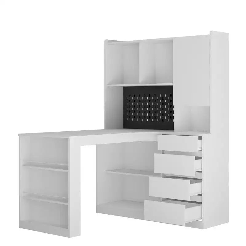 Okak 46IN Space-Saving L Shaped Desk with Bookshelf, Computer Desk with Drawers, Corner Desk for Reading Room, Bedroom, Office