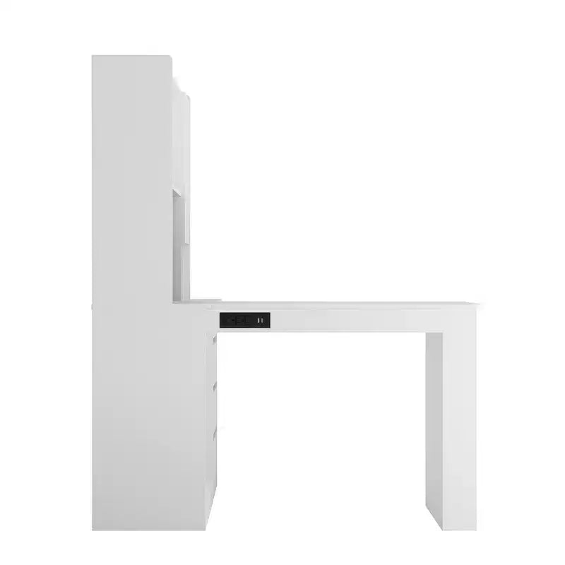 Okak 46IN Space-Saving L Shaped Desk with Bookshelf, Computer Desk with Drawers, Corner Desk for Reading Room, Bedroom, Office