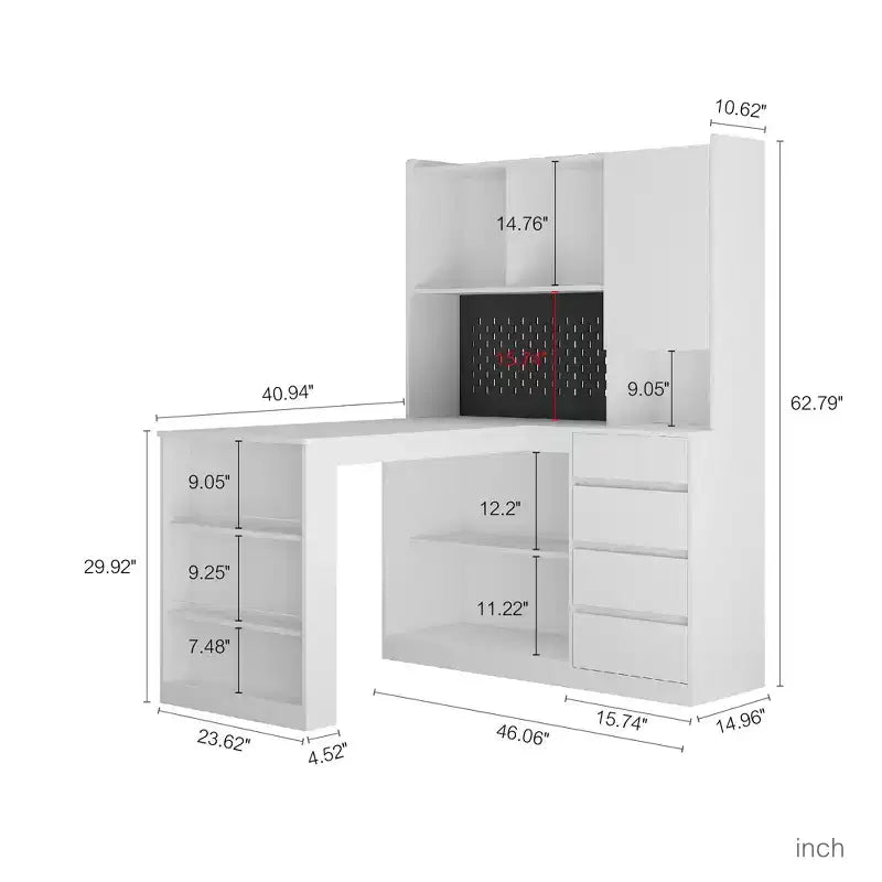 Okak 46IN Space-Saving L Shaped Desk with Bookshelf, Computer Desk with Drawers, Corner Desk for Reading Room, Bedroom, Office