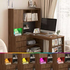 Okak 46IN Space-Saving L Shaped Desk with Bookshelf, Computer Desk with Drawers, Corner Desk for Reading Room, Bedroom, Office