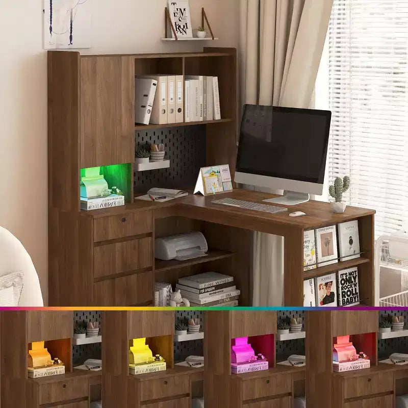 Okak 46IN Space-Saving L Shaped Desk with Bookshelf, Computer Desk with Drawers, Corner Desk for Reading Room, Bedroom, Office