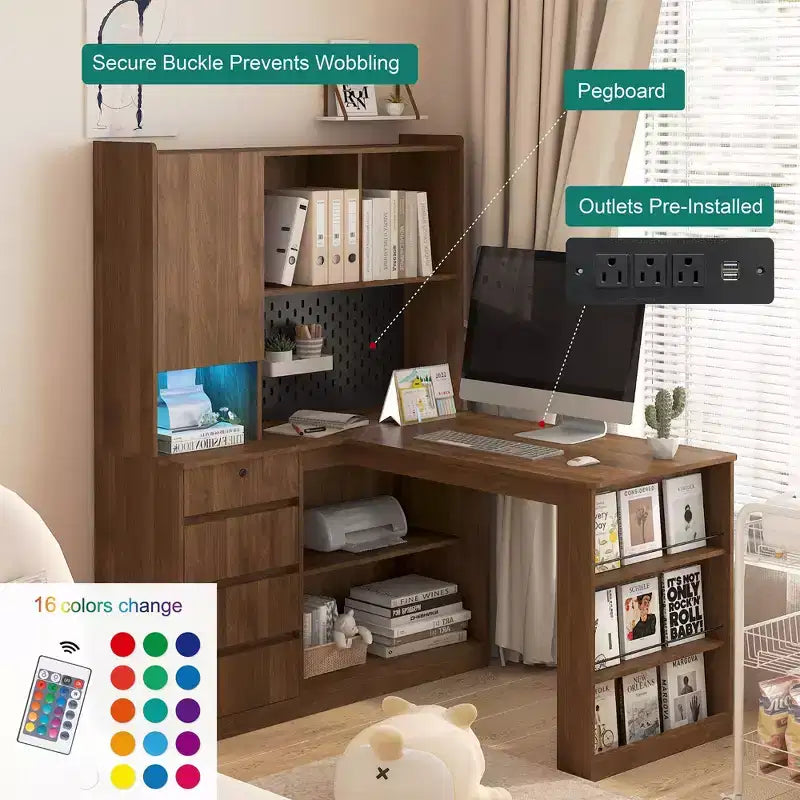 Okak 46IN Space-Saving L Shaped Desk with Bookshelf, Computer Desk with Drawers, Corner Desk for Reading Room, Bedroom, Office