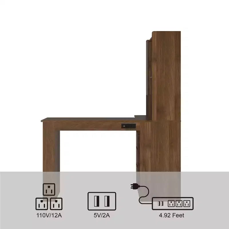 Okak 46IN Space-Saving L Shaped Desk with Bookshelf, Computer Desk with Drawers, Corner Desk for Reading Room, Bedroom, Office