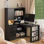 Okak 46IN Space-Saving L Shaped Desk with Bookshelf, Computer Desk with Drawers, Corner Desk for Reading Room, Bedroom, Office