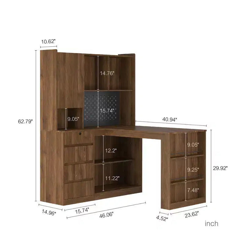 Okak 46IN Space-Saving L Shaped Desk with Bookshelf, Computer Desk with Drawers, Corner Desk for Reading Room, Bedroom, Office