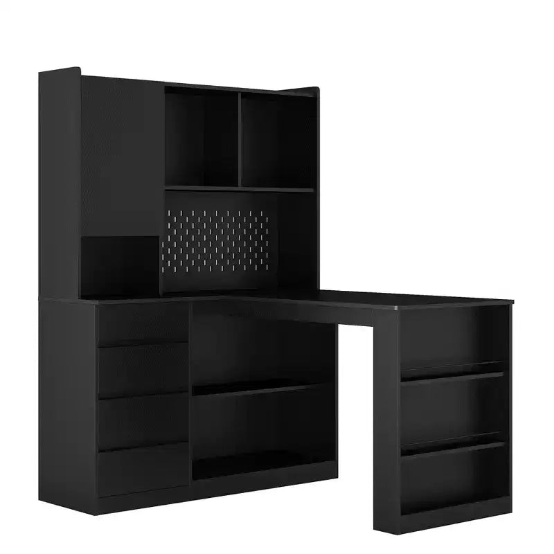 Okak 46IN Space-Saving L Shaped Desk with Bookshelf, Computer Desk with Drawers, Corner Desk for Reading Room, Bedroom, Office