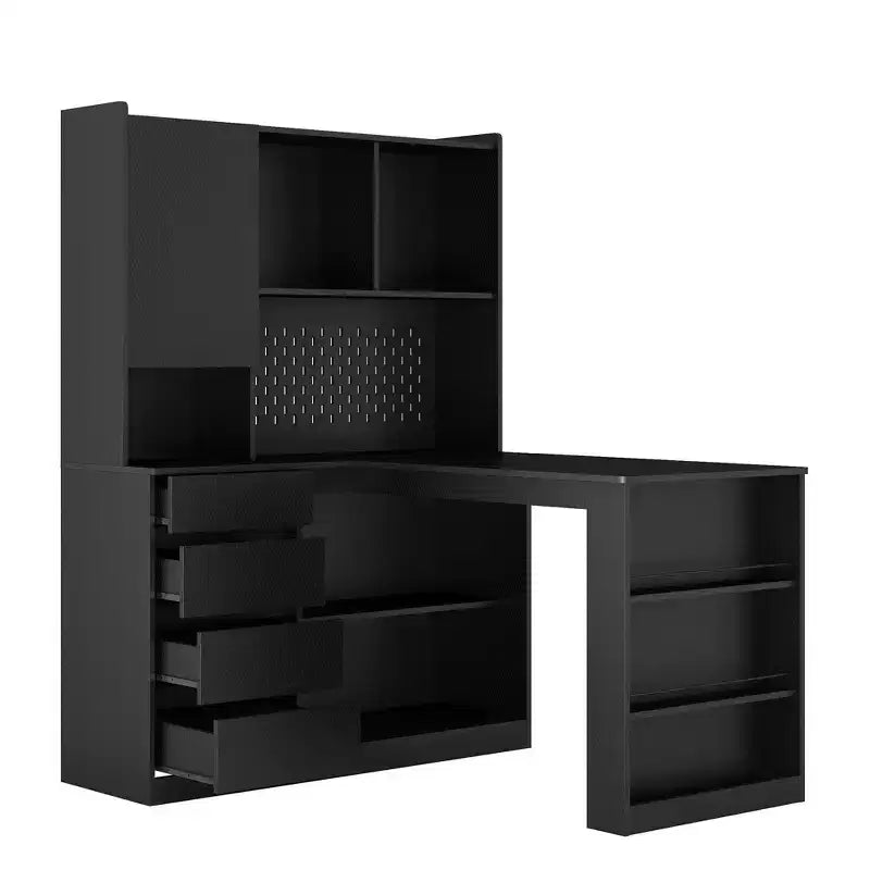 Okak 46IN Space-Saving L Shaped Desk with Bookshelf, Computer Desk with Drawers, Corner Desk for Reading Room, Bedroom, Office