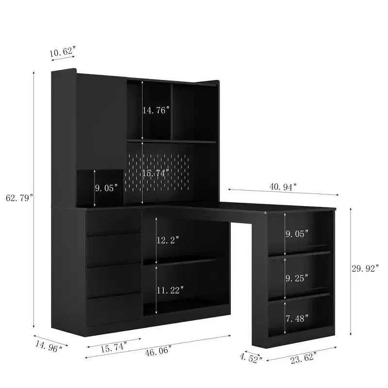 Okak 46IN Space-Saving L Shaped Desk with Bookshelf, Computer Desk with Drawers, Corner Desk for Reading Room, Bedroom, Office