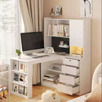 Okak 46IN Space-Saving L Shaped Desk with Bookshelf, Computer Desk with Drawers, Corner Desk for Reading Room, Bedroom, Office