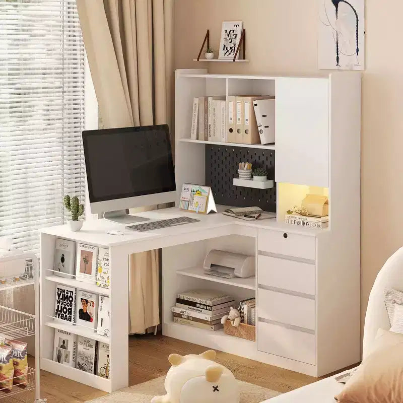 Scrivania ad angolo Okak 46IN salvaspazio con libreria, scrivania per computer con cassetti, scrivania ad angolo per sala lettura, camera da letto, ufficio