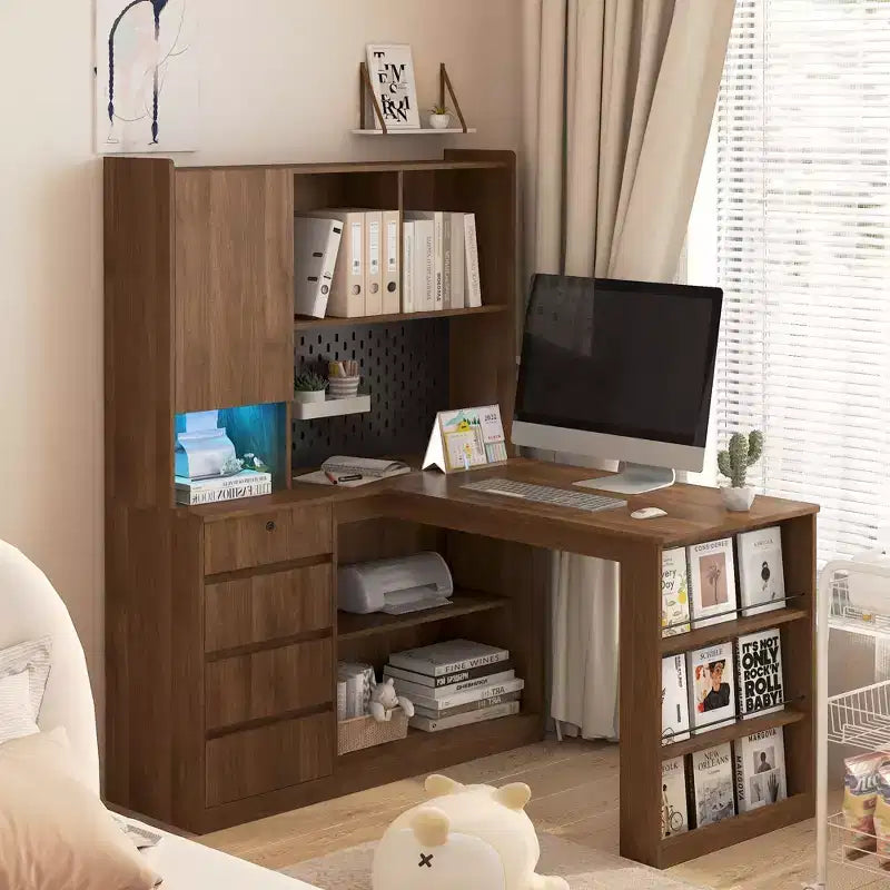 Scrivania ad angolo Okak 46IN salvaspazio con libreria, scrivania per computer con cassetti, scrivania ad angolo per sala lettura, camera da letto, ufficio
