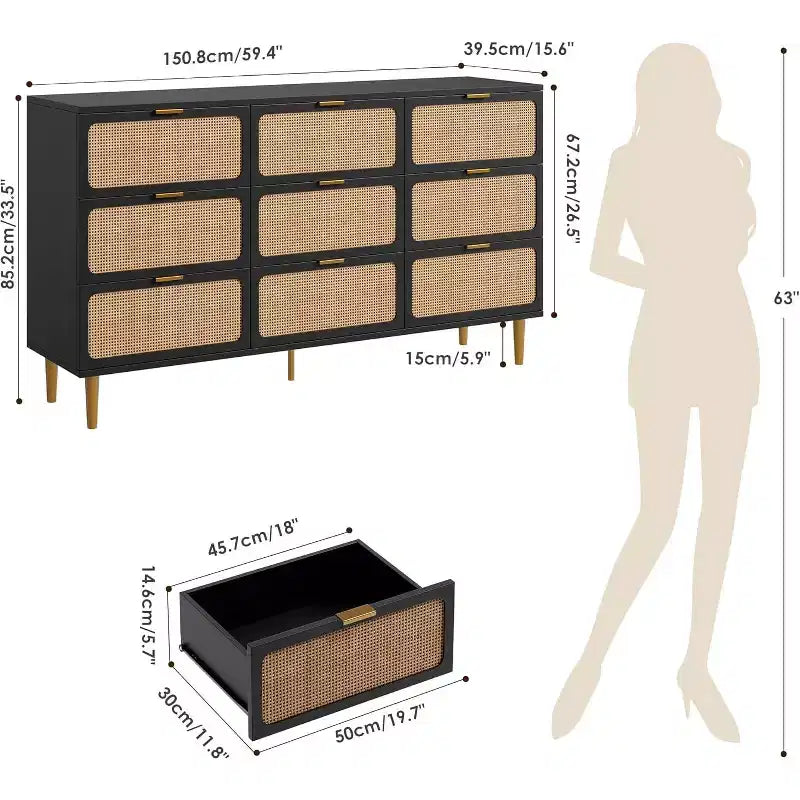 Cassettiera a 9 cassetti, comò moderno in legno per camera da letto con cassetti contenitori, mobile TV in stile rustico per soggiorno, camera da letto, corridoio