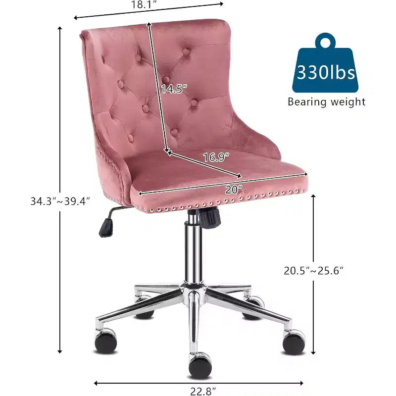 VINGLI Velvet Office Chair - Modern Upholstered Desk Chair with Adjustable Height, Tilting Mechanism, and Rolling Wheels - Pink