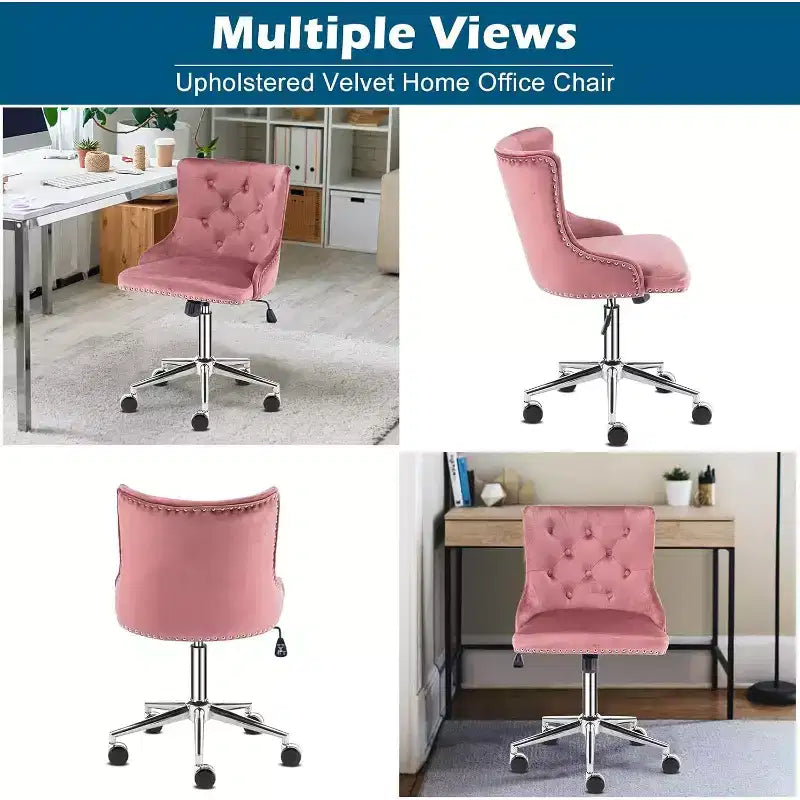 VINGLI Velvet Office Chair - Modern Upholstered Desk Chair with Adjustable Height, Tilting Mechanism, and Rolling Wheels - Pink