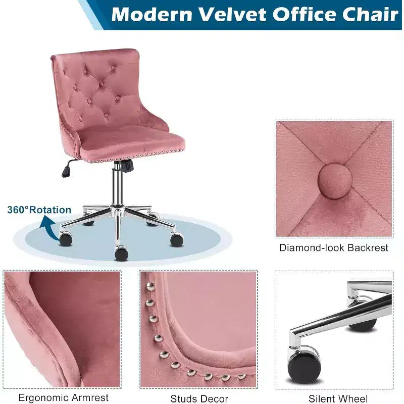 VINGLI Velvet Office Chair - Modern Upholstered Desk Chair with Adjustable Height, Tilting Mechanism, and Rolling Wheels - Pink