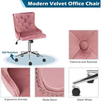 VINGLI Velvet Office Chair - Modern Upholstered Desk Chair with Adjustable Height, Tilting Mechanism, and Rolling Wheels - Pink