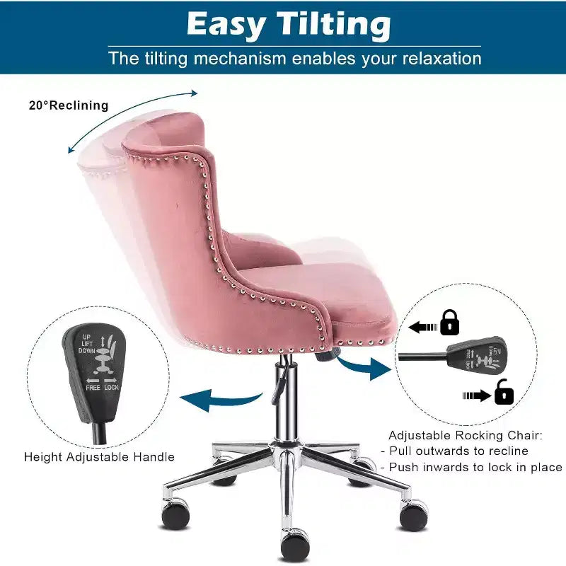 VINGLI Velvet Office Chair - Modern Upholstered Desk Chair with Adjustable Height, Tilting Mechanism, and Rolling Wheels - Pink