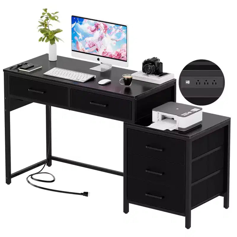 Besiost Corner Home Office Desk with File Drawers, Computer Desk with Charging Station